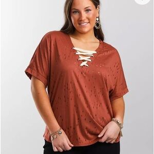 BKE Terracotta Lace-Up Oversized Short Sleeve Tee
